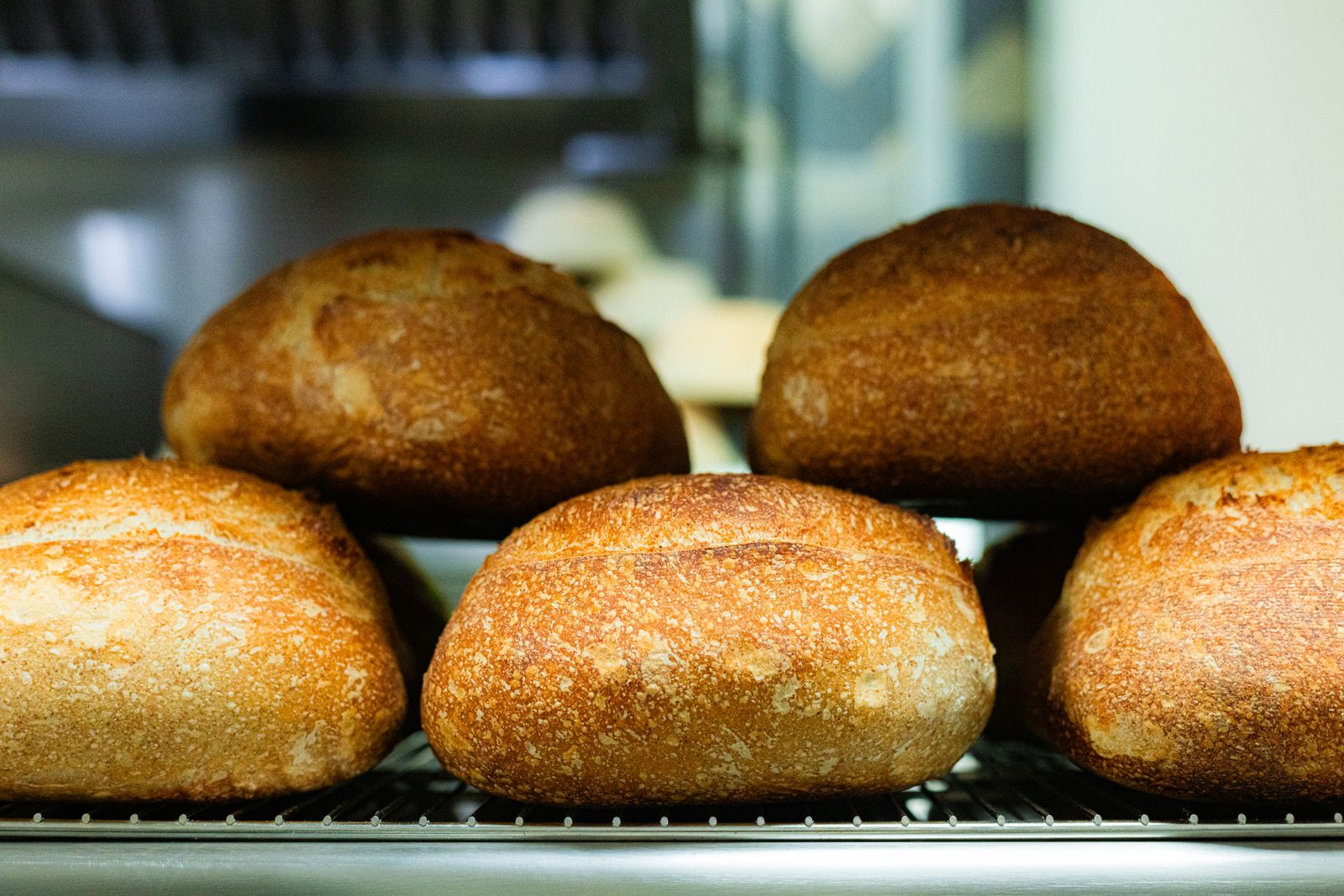 Golden-brown artisan bread loaves cooling in a bakery kitchen.